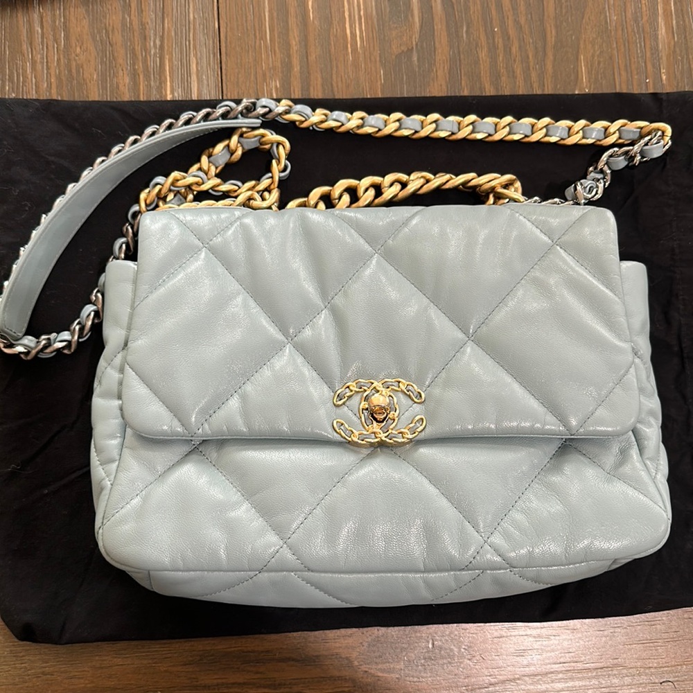 Chanel Lambskin Quilted Large Chanel 19 Flap Light Blue